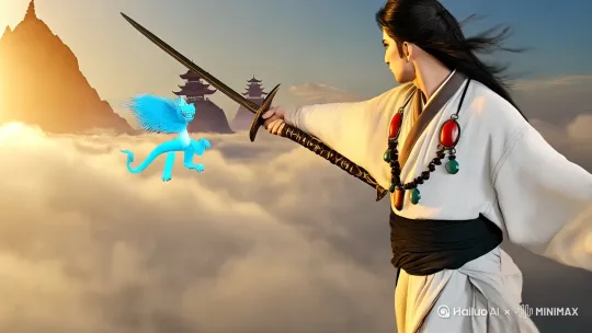 在云雾缭绕的奇幻苍穹之间，一位英气逼人的侠客身姿如电，肆意翱翔。侠客身着飘逸的素白长袍，袍身绣有灵动的青色蛟龙，蛟龙似欲破壁而出，随袍袂舞动而仿若活物。束腰的玄色丝绦上，挂着几枚精雕细琢的玉佩，在阳光折射下泛出温润光泽。
 
侠客背负一把古朴的长剑，剑身寒光闪烁，剑锷处镶嵌着璀璨红翡，剑柄缠绕的黑色丝线随风飘扬。面庞轮廓分明，剑眉斜飞入鬓，双眸犹如寒星般熠熠生辉，透着无畏与果敢。
 
周围云雾变幻莫测，时而如波涛汹涌的云海，时而似轻柔薄纱。金色的阳光穿透云层间隙，洒在侠客身上，为其镀上一层神圣光辉。远处，几座险峻的仙山若隐若现，山巅萦绕着神秘雾气，仿若仙境。侠客身姿矫健，衣袂猎猎作响，正朝着那未知的神秘之处极速飞去，仿佛要去探寻隐藏在天际的惊天秘密 ，又似奔赴一场宿命的侠义之约。 by Hailuo AI Video Generator