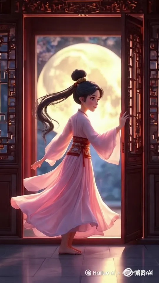 镜头：环绕运镜
提示词：少女起身推开雕花窗棂，盛唐高发髻随动作轻晃，窗外圆月在琉璃瓦檐角折射出七彩光晕
质量词：发丝物理模拟 / 面部微表情 / 月光环境光遮蔽 / 建筑光影层次 风格：皮克斯 by Hailuo AI Video Generator