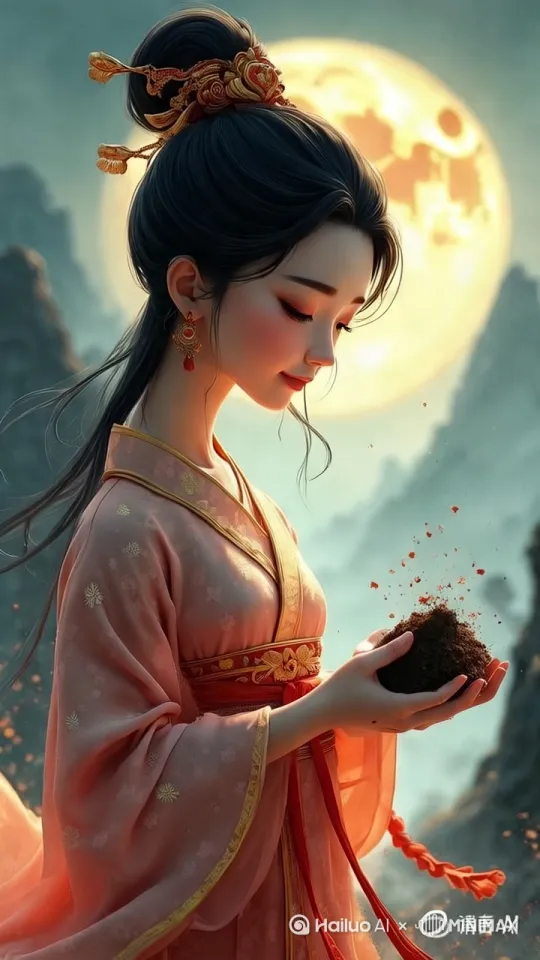 镜头：过肩镜头
提示词：少女垂眸凝视手中故乡泥土，衣袂金线在月光下流转，背景虚化为故乡山水水墨画
质量词：材质置换贴图 / 粒子消散特效 / 水墨晕染过渡 / 眼神光塑造 by Hailuo AI Video Generator