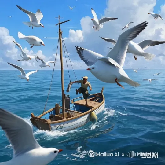 荒诞，一群海鸥冲入鱼群，鱼儿跃出面，鲸鱼顶翻小船，渔夫骑上海鸥飞向天空。比例竖屏 by Hailuo AI Video Generator