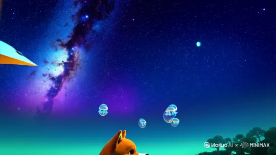 1. **星空初现**（3秒）：镜头随纸飞机转向夜空，银河渐显时飘过一群发光水母，柴犬蹲坐歪头看空中悬浮的透明泡泡（映出小女孩笑脸倒影）  
2. **月下奇遇**（4秒）：中景切小女孩提着萤火虫灯笼走向森林树屋，屋檐风铃慢速摇摆，窗边布偶猫爪垫特写轻拍飘进来的星尘粒子  
3. **梦境收尾**（3秒）：俯视视角的湖面倒影中，小女孩与柴犬蜷睡在云朵吊床，游动的锦鲤带起水波纹转化成晨光，蒲公英种子缓缓覆盖整个画面"  

**强化细节**：  
- 时间流动：黄昏→星夜→晨曦的色温过渡（青橙→蓝紫→淡金）  
- 新增治愈元素：会变色的萤火虫灯笼/半透明锦鲤尾鳍/树屋蘑菇群生物夜光呼吸  
- 动态升级：蒲公英种子受气流扰动轨迹/吊床布料褶皱实时模拟/水波纹折射星光算法 by Hailuo AI Video Generator