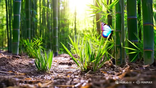 竹林，水滴，春笋慢慢破土生长出来。蝴蝶飞来飞去。4K画质 by Hailuo AI Video Generator