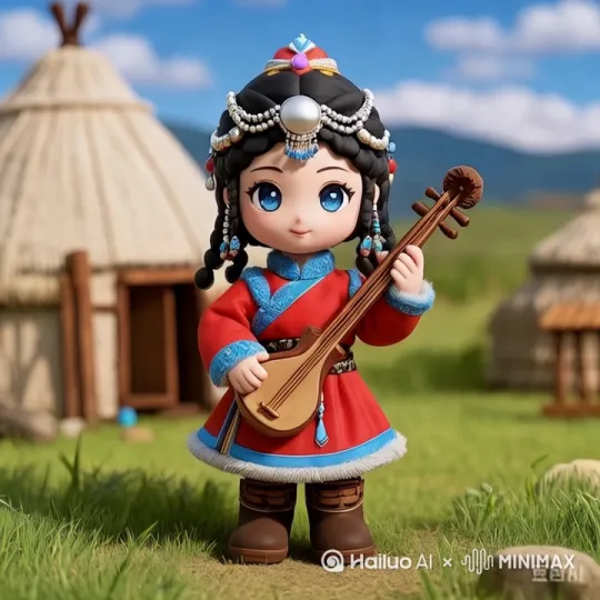 - 起始姿势：双手叉腰挺立姿态
- 核心动作序列：
  1. 舒展的抖肩动作（双肩交替快速抖动）
  2. 模仿骑马步伐的踏步组合（配合上半身前后摆动）
  3. 手臂波浪式舞动（从腰部到头顶的流畅弧线）
  4. 旋转动作（顺时针三周转体，袍摆飞扬）
- 收尾姿势：单腿屈膝，双臂向天呈献哈达姿势

[视觉效果]
- 动态镜头：缓慢环绕运镜（3秒）→ 推近特写（2秒）→ 俯拍全景（3秒）
- 灯光效果：金色侧逆光突出服饰纹理，动态模糊保留动作流畅度
- 氛围元素：添加飘动的经幡、草叶飞絮、篝火火星特效

[技术参数]
视频时长：8秒（包含完整动作循环）
帧率：30fps 
分辨率：1920×1080 
风格：写实风格混合轻微水墨晕染效果 by Hailuo AI Video Generator