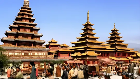 大唐不夜城，显示出建筑的辉煌，人口众多，车水马龙，商业繁荣，盛世景象。 by Hailuo AI Video Generator