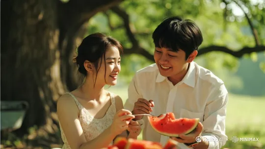 The beauty uses a stainless steel spoon to give the handsome guy a bite of watermelon into his mouth by Hailuo AI Video Generator