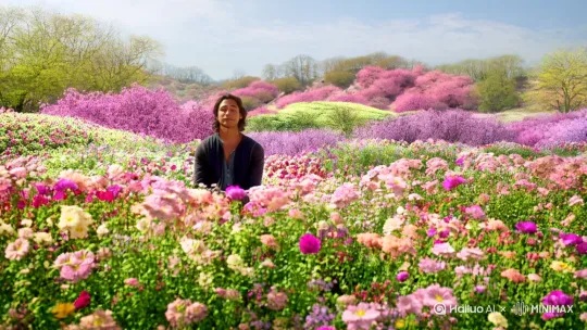 春日，我独坐花海，沉醉在无边烂漫中。突然，一只小鸟掠过，欢快的啼鸣打破宁静。我抬眼望去，竟瞧见不远处，有个人正缓缓从花海中走来。
 
Ta脚步轻盈，衣角被微风轻轻扬起，带起一片片花瓣。随着Ta越走越近，我还看到Ta身后，一头大象正悠然踱步，扇动着蒲扇般的大耳朵，时不时用长鼻子卷起一丛鲜花。
 
这幅画面奇妙又和谐，让我不禁怀疑自己是否置身梦境。直到那人走到我面前，露出微笑，轻声问好，我才回过神，意识到这场不可思议的相遇，是真实发生的 。 by Hailuo AI Video Generator