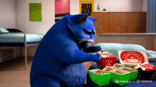 一只蓝色的胖猫在宿舍里吃着国潮外卖，一边吐槽着大学生活，吃着吃着脸变成了绿色 by Hailuo AI Video Generator