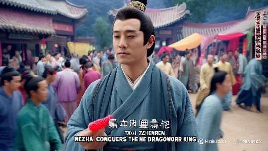 我是一名短视频创作者，帮我写一个哪吒魔童闹海里面的太乙真人吃冰糖葫芦的视频。并且带提示词 by Hailuo AI Video Generator