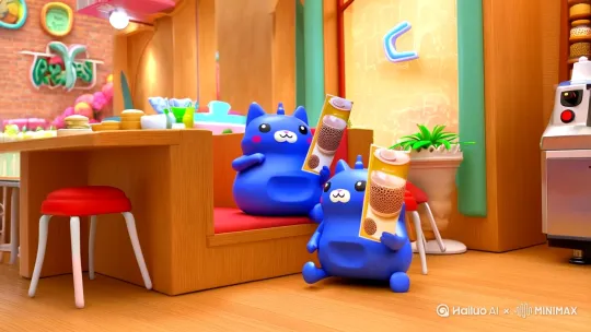 场景：奶茶店，一只蓝胖猫人，在奶茶店坐着拿着菜单点奶茶[左移,推进,右摇] by Hailuo AI Video Generator