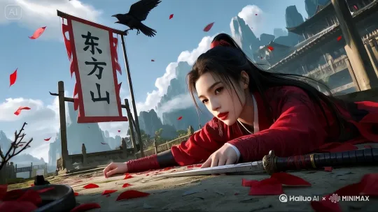 风吹动旗帜哗哗作响，风吹动地下的花瓣迎风飞舞，动态展示图片故事情节 by Hailuo AI Video Generator