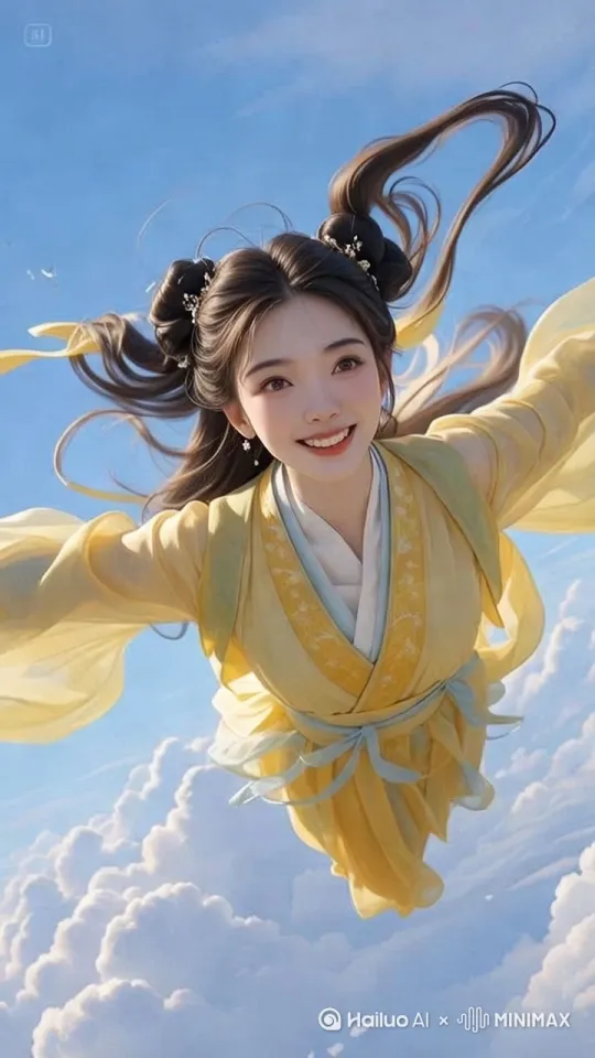 5. 美女在天空中自由自在的飞翔，动作优美，一会儿向上，一会儿向下，还能在空中转圈圈，画面超级唯美。无人机俯拍捕捉飞行镜头，跟随人物移动。 by Hailuo AI Video Generator