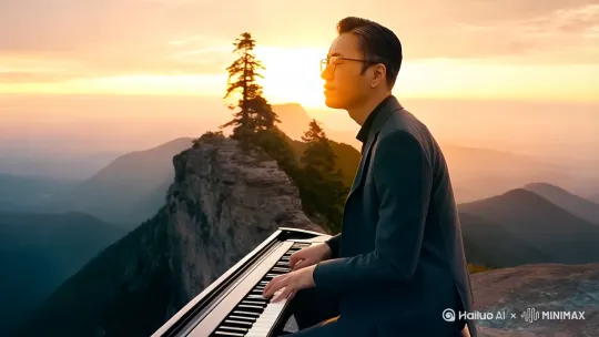 在山巅，落日为序章。指尖轻触琴键，旋律与山风相拥，音符在霞光中飞舞。此刻，世界是一首无声的诗，而我，是与自然共奏的歌者 。 by Hailuo AI Video Generator