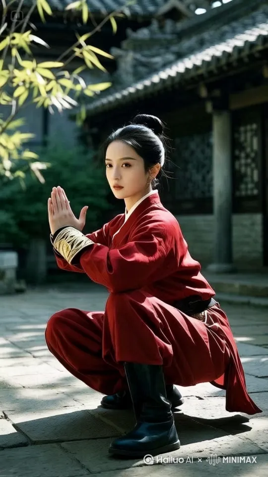 功夫美女身姿如燕，快速旋转踢出凌厉侧踢，红色练功服衣袂飞扬，伴随有力的呐喊，动作行云流水，周围竹叶被气流带动纷纷飘起，在古朴庭院的石桌石凳间辗转腾挪，身形变幻莫测 。 by Hailuo AI Video Generator