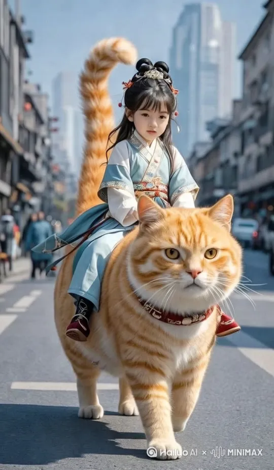 图中的猫载着小女孩在大街上边走边看，镜头慢慢往前移。 by Hailuo AI Video Generator