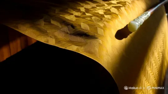 特写镜头 泛黄丝绸卷轴，羊脂玉轴头反光，细密织锦纹理，晨光从右侧45度照射，悬浮在黑色虚空，细尘粒子飘动 --ar 16:9 --v 6 by Hailuo AI Video Generator