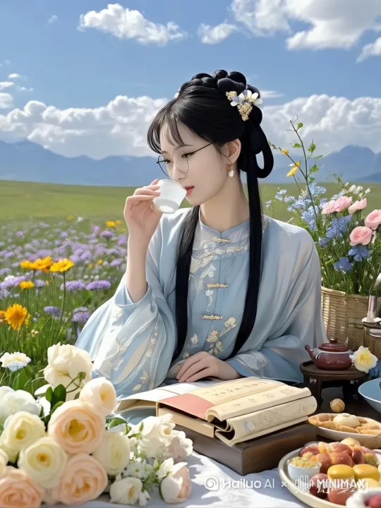 让图片中的林黛玉非常优雅地喝了一口茶，心情特别愉快，相貌服装都不变，大师级作品，非常精细，神态松弛，很青春阳光，治愈人心，中式高级审美，中式文人高级生活方式 by Hailuo AI Video Generator