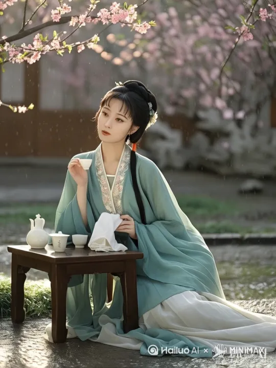 展示这个女人分别在春分这一天喝茶的场景，非常优雅的仙子，在旷野野餐喝茶，坐在野餐垫上，天气晴朗，光线自然，非常治愈，面带微笑，松弛，享受大自然，亲近大自然，穿古典衣服，中式高级审美，绿色系，有野花 by Hailuo AI Video Generator