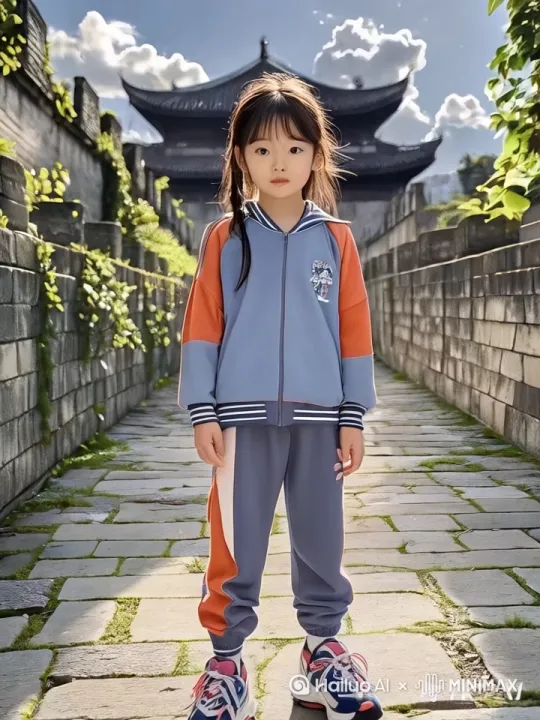 青灰色古城墙下，十岁双马尾女孩转身，镜头跟随脚步移动至城墙边缘，女孩助跑三米轻(跳跃）上城墙，广角镜头低角度拍摄跳跃瞬间，慢动作捕捉发丝飘动和落地时石板震起的微尘，暖金色调加强光影层次，4K 60帧动态模糊效果 by Hailuo AI Video Generator