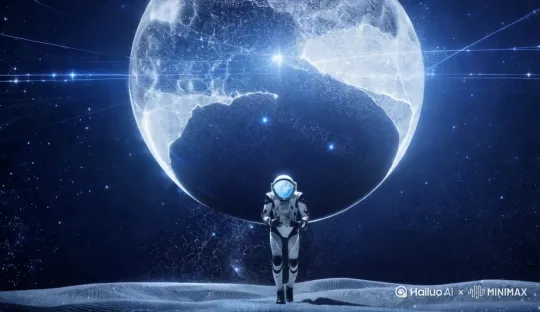 An astronaut in a sleek blue chrome space suit, wearing high-tech exoskeleton shoes with glowing details, running forward，causing a bit colorf ripples from the impact of shoes[变焦拉远] by Hailuo AI Video Generator