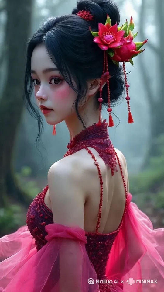 请让她完向右转向前方行走，步伐平稳，展示她的背面轮廓。镜头跟随。 by Hailuo AI Video Generator