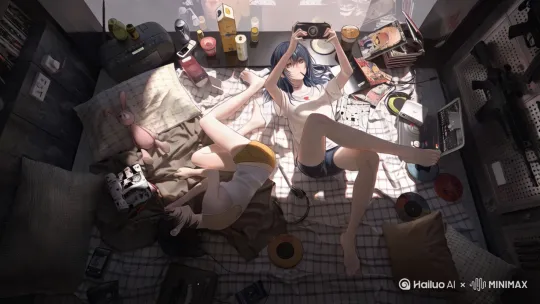 二次元风格，女孩玩着手机，时不时换个动作 by Hailuo AI Video Generator