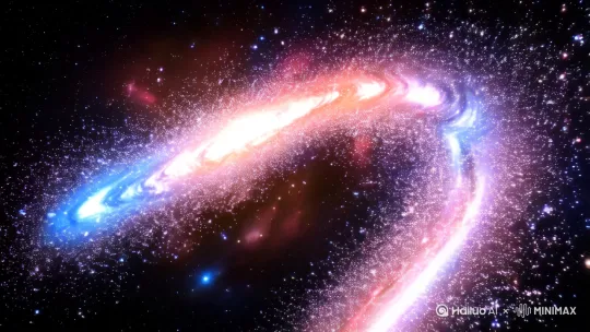 渐渐地，镜头加速穿梭，无数的恒星开始密集起来，形成了一条朦胧的光带，那便是银河系的悬臂初现端倪。这条光带宛如一条璀璨的河流，流淌着数不清的恒星、星云与星团。
 
随着镜头进一步深入，一个个恒星闪耀着独特的光芒，或炽热的蓝白色，代表着年轻且能量充沛的星体；或温暖的橙红色，彰显着那些更为成熟稳重的恒星。它们相互交织，有的恒星周围还环绕着黯淡的行星，在母星的光辉映照下，若隐若现。
 
在星系的中心区域，一个超大质量黑洞盘踞其中，它宛如宇宙中最黑暗的深渊，周围物质被其强大引力拉扯，形成了一个高速旋转的吸积盘。吸积盘释放出极其耀眼的光芒，与黑洞的黑暗形成了强烈且震撼的对比，将整个银河系中心区域渲染得神秘而又壮丽。
 
星云如同巨大而梦幻的彩色帷幕，在星际间飘荡。它们有的呈现出柔和的粉色，如同少女的梦幻；有的则是深邃的蓝色，仿佛蕴藏着宇宙最深奥的秘密。星团则像是恒星们的紧密大家庭，彼此依靠，共同散发着夺目的光辉，在银河系这个宏大的舞台上，演绎着属于它们的独特篇章。整个银河系，宛如一个生机勃勃、浩瀚无垠的宇宙之舞场，充满了无尽的奥秘与魅力。 by Hailuo AI Video Generator