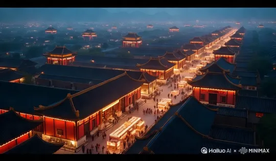 [左移,上升]航拍古代城市，唐朝，夜景，长安城，令人震撼，热闹的集市。 by Hailuo AI Video Generator