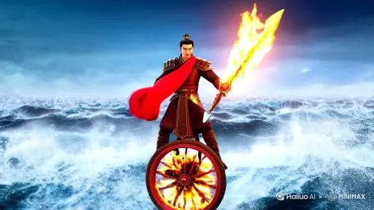 (视频画面:哪吒脚踏风火轮,从海面腾空而起,身后海浪翻涌,他的红绫在风中飞舞,火尖枪闪耀着光芒,哪吒英姿飒爽地冲向天空,哪吒与龙王在海面翻跟头搏斗,最后把龙王打死在海面。背景是灿烂的星空) by Hailuo AI Video Generator