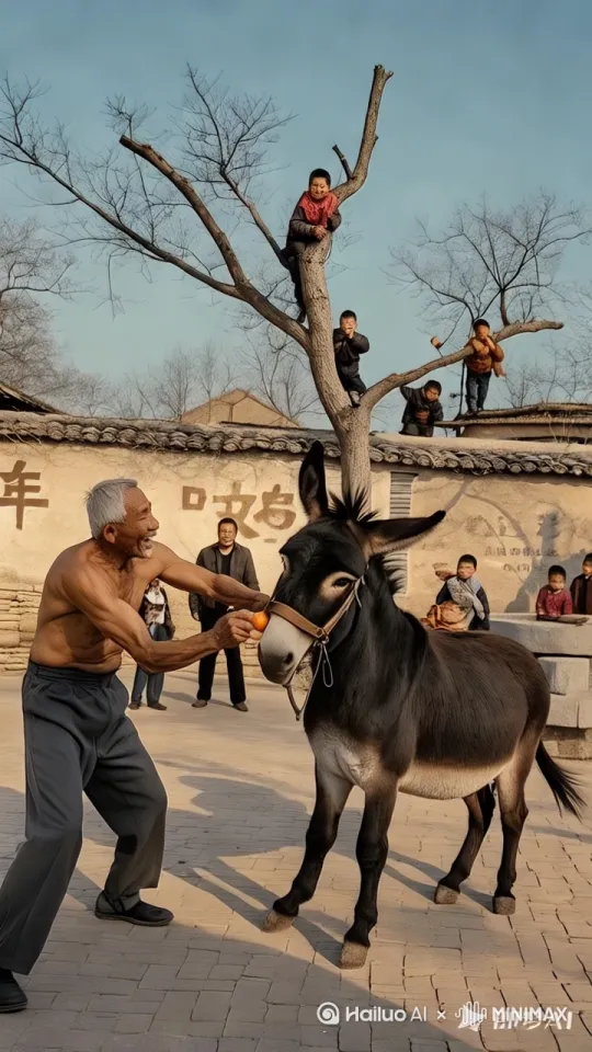 镜头移动，动态跟随，展现一个史诗般的激烈打斗场面。两个人正在进行惊心动魄的中国功夫对决，身形矫健，步伐灵活，每一个动作都充满力量与技巧，一人率先发动攻击，以迅雷不及掩耳之势踢出一记凌厉的侧踢，另一人迅速后仰躲，尘土飞扬，大爷一跃骑上驴背，驴子腾空飞上天空，驴子和大爷在空中大战 by Hailuo AI Video Generator