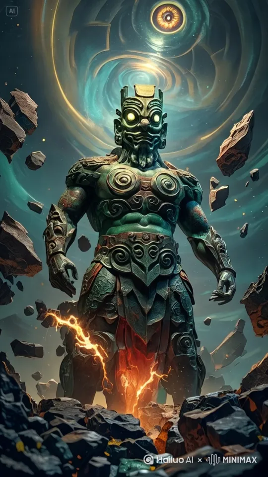 "Epic cinematic animation, giant mecha warrior standing amidst floating debris of shattered rocks, glowing circuit patterns pulsating rhythmically across armored plates, fiery core in chest cavity emitting swirling flames with rising ember particles, low-angle camera slowly zooming in to emphasize towering dominance, warrior tilting head downward with resolute gaze and clenched fists causing energy sparks to crackle between mechanical joints, swirling vortex background rotating clockwise with luminescent energy currents resembling liquid lightning, fractured terrain vibrating subtly as rocks levitate and crumble in slow motion, dynamic motion blur accentuating power stance, cold metallic blue tones contrasting intensely with orange-red plasma glow, holographic UI elements flickering around warrior's visor displaying combat data, cinematic atmosphere blending cyberpunk aesthetics with mythological grandeur" by Hailuo AI Video Generator