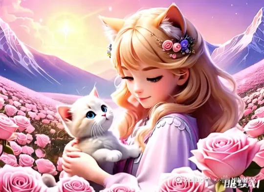小猫看着小女孩，然后投入小女孩的怀抱，小女孩低头亲吻小猫咪，双手温柔的抚摸着小猫，空中飘动着泡泡和玫瑰花瓣 by Hailuo AI Video Generator