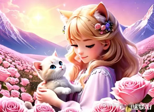 镜头不要动，固定镜头。小女孩凑近小猫，用鼻子轻轻蹭了蹭它的脑袋，小猫被这突如其来的亲昵逗得耳朵微微抖动，随即用脑袋回蹭小女孩的脸颊，像是在回应这份喜爱。小女孩的眼睛弯成了月牙，嘴角噙着笑，她轻轻捏了捏小猫肉嘟嘟的爪子，小猫俏皮地把爪子缩了回去，过了一会儿又试探着伸出来，碰了碰小女孩的掌心，小女孩顺势握住小猫的小爪子，轻轻地晃了晃，像是在和小猫玩握手游戏，小猫也配合地晃了晃身子，一人一猫沉浸在独属于他们的欢乐时光里 。 by Hailuo AI Video Generator