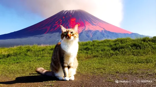 一只猫站在富士山下，看着富士山喷发。 by Hailuo AI Video Generator