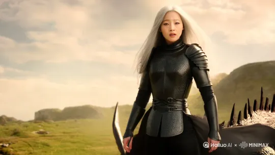 在场景中，有一个身影拥有银白色的长卷发，垂落在她的双肩两侧。她/他身穿中世纪风格的黑色铠甲，紧紧地束在腰间，铠甲的下部分看起来像是一条在风中飘扬的流动裙子。在身影的右后方，躺卧着一条巨大的龙，它的皮肤纹理和细节清晰可见。龙的眼睛像巨大的绿宝石一样闪闪发光，瞳孔像尖针一样锐利。龙表现得像身影的宠物一样，温顺地低下头，让身影抚摸它。整个场景的风格让人想起《权力的游戏》的美学。 by Hailuo AI Video Generator