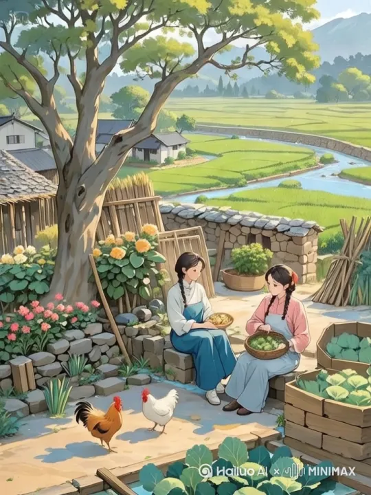 两只鸡在吃虫子，女孩在摘菜，水欢快的流淌 by Hailuo AI Video Generator
