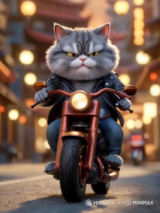 镜头由远拉近，灰猫骑着摩托飚起来 by Hailuo AI Video Generator