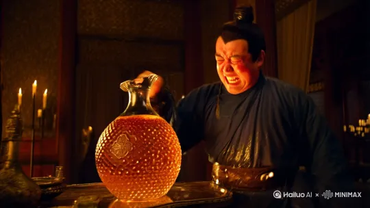 剧烈的咳嗽，萧万平立刻断定。
这是烈酒，见火能烧得着的烈酒。
你死定了！
“辣，好辣...”
随后，他假装手舞足蹈，将酒壶打掉。
烈酒洒了萧万荣一身，特别是下半身。
见状，萧万荣大怒。
“好你个傻子，这可是雨露酒坊的酒，一壶值百两银子，你还我酒来。”
言罢，他就势揪着萧万平的衣领，挥拳便打。
“辣，好辣！”
萧万平挥舞着双手，挡开了对方的攻势。
“不经意”间，还打翻了案桌上的蜡烛。
烛火不偏不倚，掉在萧万荣的裤裆上。
“轰”
火焰立刻点燃。
“啊...救命，救命...”
萧万荣大惊，立刻站起，对着裤裆一阵拍打。
“着火了，着火了...”
萧万平心中大喜，嘴里假装痴傻喊着：“不用怕，不用怕，我帮你 by Hailuo AI Video Generator