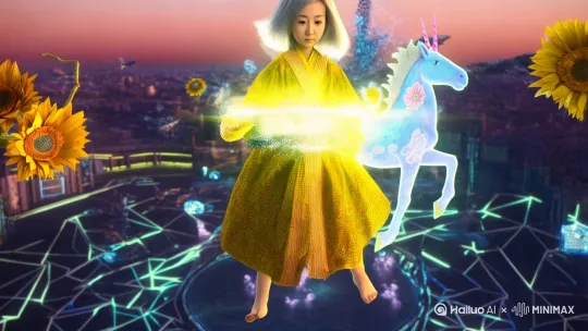 
场景描述：一位15岁的银发少女悬浮在坍缩的未来城市上空，黄昏的紫粉色天空被几何裂痕分割。她身披由破碎数据流编织的发光长袍，赤足轻点空气泛起涟漪般的金色代码。无数发光的古籍残页与机械齿轮环绕她缓慢旋转，左眼是跳动着星云的全息投影，右眼却流下真实的泪水。 

关键元素： 
1. 少女脚下千米处，霓虹街道正在像素化分解成蓝色光粒 
2. 她手中悬浮的黑色八音盒正逆向生长出水晶玫瑰 
3. 背景出现半透明的时间层：中世纪飞龙与悬浮艇在平行维度交错 
4. 突然从裂缝中伸出机械章鱼触手，尖端绽放全息向日葵 

动态提示： 
- 特写镜头：泪珠坠落在虚空，化作游动的发光水母群 
- 慢动作：她撕下一片衣角，布料立即具象化成奔跑的透明独角兽 
- 视角切换：从第一人称展现她眼中正在重组的宇宙方程式 

技术参数建议： 
- 赛博朋克混合蒸汽朋克的美学风格 
- 动态光影：环境光随情绪波动从暖橙渐变至量子蓝 
- 粒子特效：每个星尘碎屑都折射不同时空的微缩场景 
- 运镜：采用失重感的360°螺旋上升镜头，穿插0.5秒的故障艺术定格 

情感基调：在末日诗意中暗藏重生希望，少女既是观察者也是解构者，每个动作都在改写现实法则。当最终她摘下自己的全息眼球抛向深渊，整个坍塌的宇宙突然开始反向坍缩... by Hailuo AI Video Generator