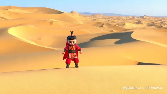 在阳光灿烂的沙漠上，哪吒很生气的站在沙漠的山头上，急得跳脚，最后气急败坏，嘴里喷火了，运镜由远到近， by Hailuo AI Video Generator