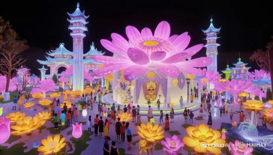 地面花朵张合，随风摆动，中心大花朵轮廓追光，建筑追光，游客走动，天空礼花。 by Hailuo AI Video Generator