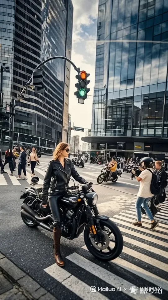 骑摩托车的女人，在天空骑车，撞到飞机，秒变萝莉 by Hailuo AI Video Generator