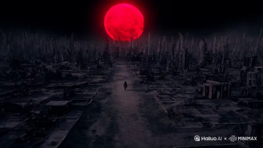 黑色的太阳高挂天空，散发出血红的光。我在一片城市废墟中，由远及近，一步一步向你走来。我穿着破烂的衣服，身体不时抽搐，红色的瞳孔，猛然亮起。 by Hailuo AI Video Generator