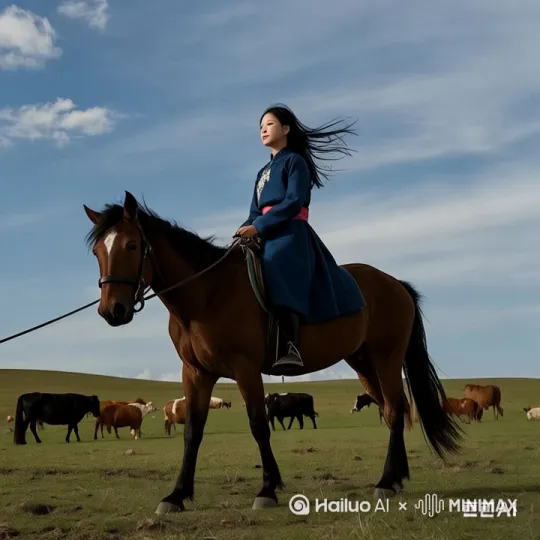 搞笑，马倒立起来，女孩象体操运动员样，腾空反转落地站住，马跑了，后远处马群跑过来 by Hailuo AI Video Generator