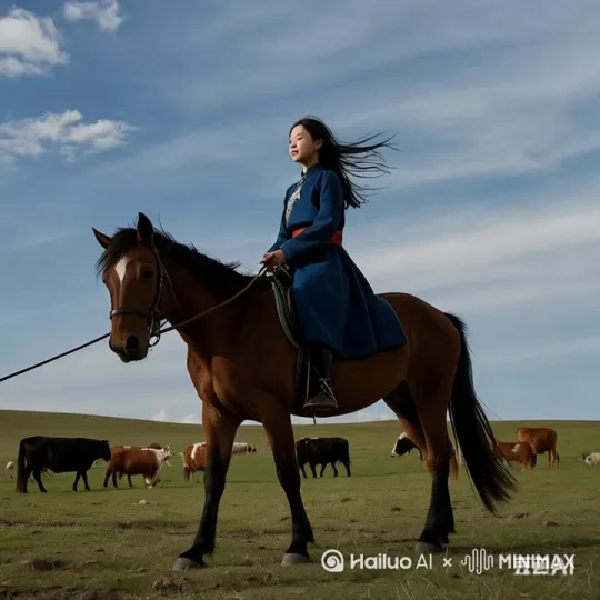 搞笑，马倒立起来，女孩象体操运动员样，腾空反转落地站住，马跑了，后面的牛群跑过来 by Hailuo AI Video Generator