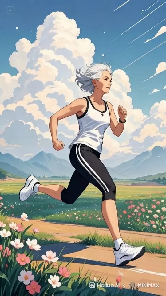 动画风格，中年女人，银白色的短发，穿着黑白运动套装，白色跑鞋，蓝天白云，在户外跑步，流畅不卡顿。 by Hailuo AI Video Generator