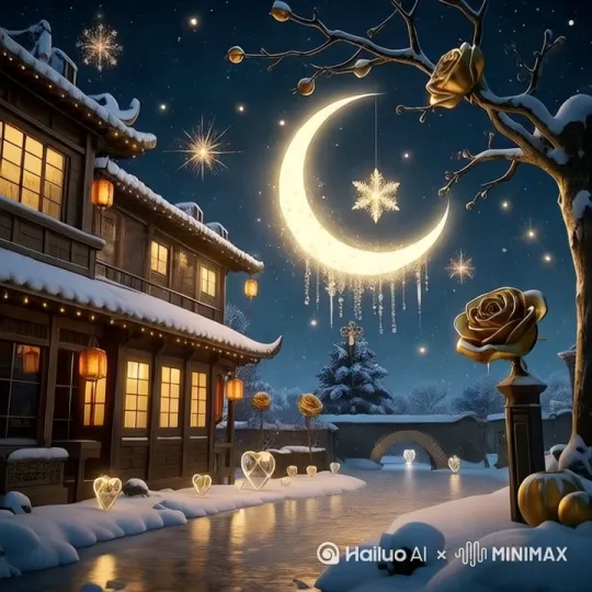 雪夜中的江南水乡，古朴的木屋覆着皑皑白雪，暖黄的灯笼从窗棂与檐下透出微光。结冰的河道蜿蜒，岸边散落着泛着莹光的心形水晶石。弯月悬于夜空，带着朦胧月晕，雪花如碎玉飘落，枝头的浅金色玫瑰在雪中静静绽放 。[固定镜头]写实风格[推进,上升,跟随] by Hailuo AI Video Generator