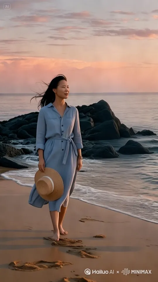 图中人物漫步走在海滩上，海风轻轻地吹，海浪拍打上沙滩，镜头紧跟着人物。 by Hailuo AI Video Generator