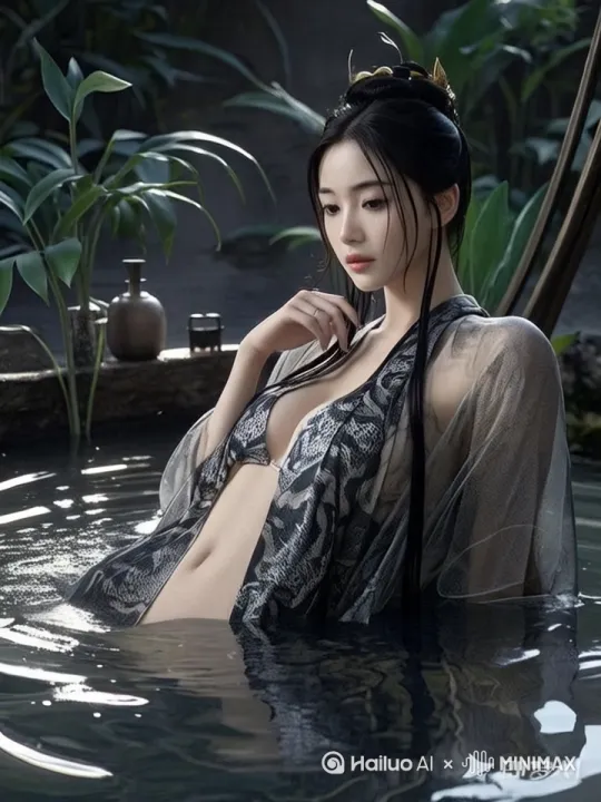 美女婀娜多姿的在水中舞蹈着，慢慢沉入水中消失，水面升起一道闪闪发光的水花 by Hailuo AI Video Generator
