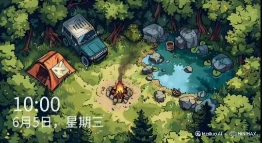 [推进]场景描述：
环境：一片茂密的森林，树木繁茂，绿意盎然。阳光透过树叶洒下斑驳的光影，营造出宁静的氛围。
营地：一个开阔的空地，地面覆盖着绿色的草地。
车辆：一辆绿色的越野车停在营地的一侧，车顶装有行李架。
帐篷：一个橙色的帐篷，帐篷门敞开，内部隐约可见白色的睡袋。
火堆：营地的中央有一个燃烧的火堆，火堆周围用石头围成一个圈，火堆上冒出袅袅炊烟。
池塘：火堆旁边有一个清澈的小池塘，池塘中有一些石头和水草，水面倒映着周围的景色。
木桶和小船：池塘边有一个木桶和一个木制的小船，增加了一些生活气息。
颜色和风格：
色调：整体色调以绿色和蓝色为主，营造出清新自然的氛围。
风格：卡通风格，线条简洁，色彩明亮，充满童趣和想象力。
光影：阳光透过树叶洒下斑驳的光影，增加画面的层次感和立体感。
细节：
植被：树木和灌木丛生，草地上点缀着一些小野花。
石头：池塘边和火堆周围有一些大小不一的石头，增加了自然的感觉。
炊烟：火堆上升起的炊烟，轻轻飘散在空中，增加了画面的动态感。 by Hailuo AI Video Generator