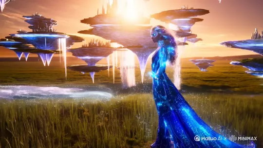 Celestial being descending through dimensional rift, holographic skin with stardust particles, nanotech silk gown with pulsating LED circuits (dominant color: #00B4D8), bioluminescent hair flowing in photonic wind, hyper-detailed facial features (focus on liquid mercury eyes), standing on surreal prairie with floating crystalline islands and inverted waterfalls, quantum particle trails surrounding figure, cinematic volumetric lighting combining sunset hues and emerging starlight, 8K HDR with 120fps motion clarity, Unreal Engine 5 rendering, trending TikTok color palette, dynamic 9:16 composition with ASMR soundwave visualization" by Hailuo AI Video Generator